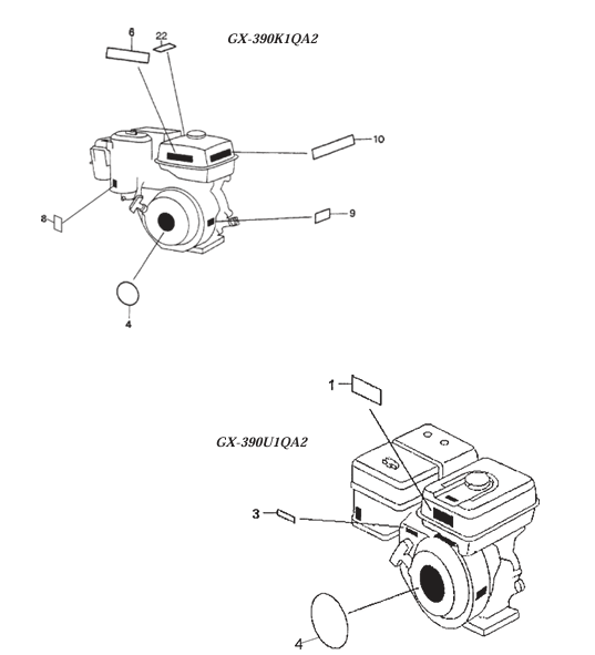 Labels Assembly Parts- WM120PH, WM120SH Honda GX390K1QA2/GX390U1QA2