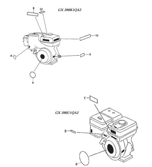 Labels Assembly Parts- WM120PH, WM120SH Honda GX390K1QA2/GX390U1QA2