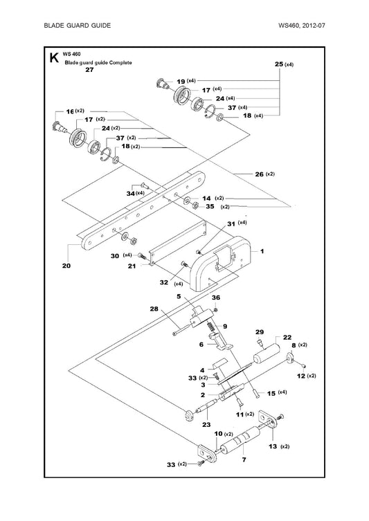 Blade Guard Guide complete Assembly Parts For WS 460, WS 463, WS 482 HF, WS 482 HF By Husqvarna