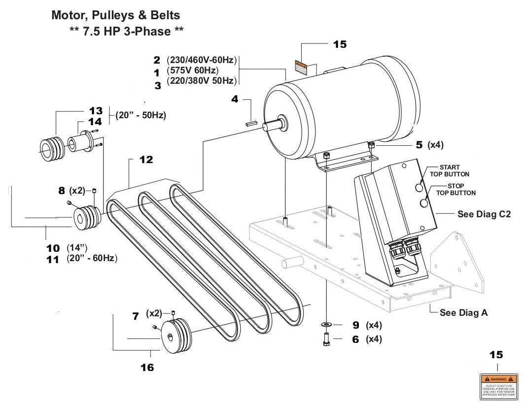 TS 510 Motor, Pulleys and Belt 7.5 HP 3-Phase Assembly Parts