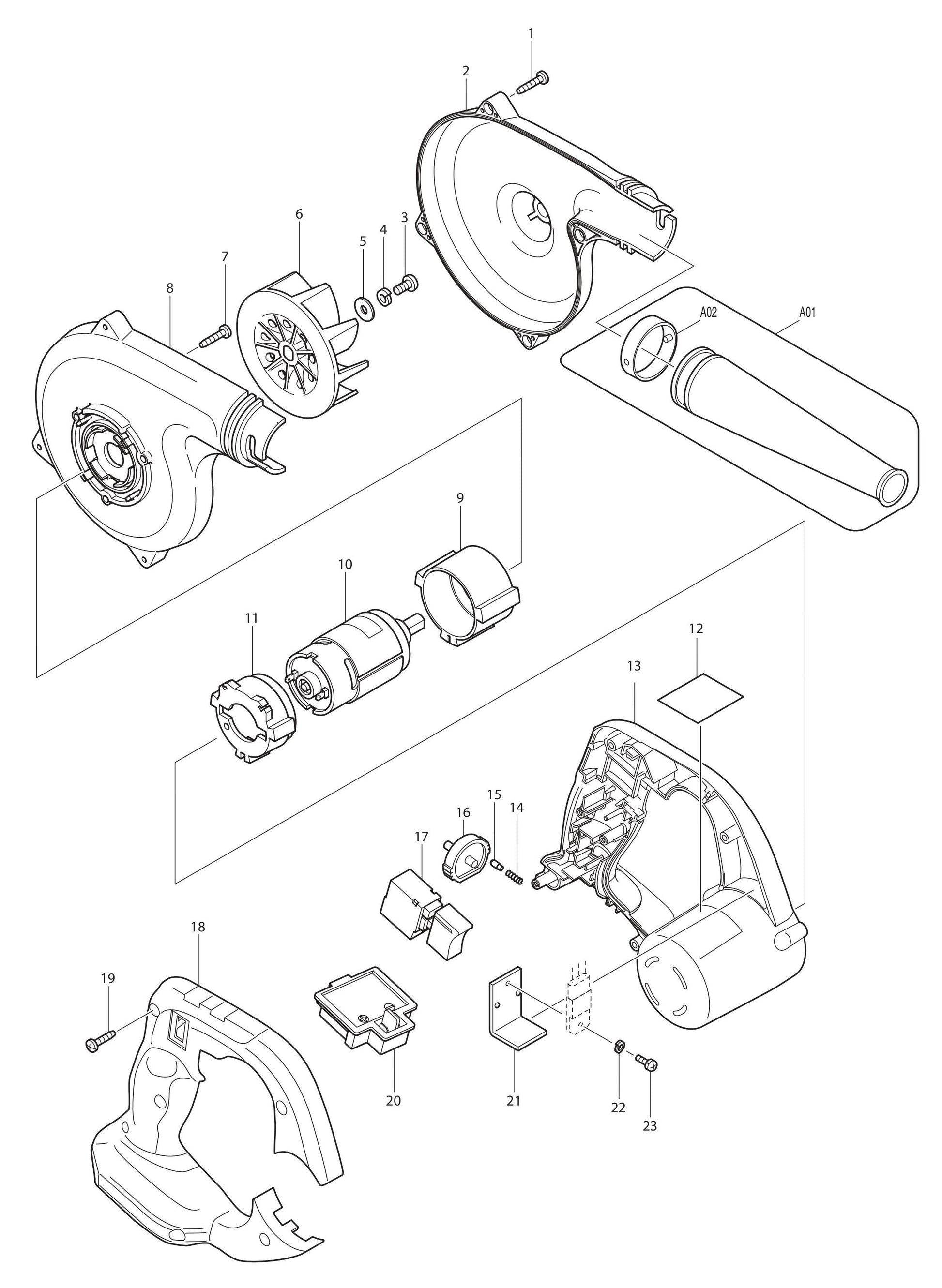 DUB182Z Blower Assembly Parts by Makita