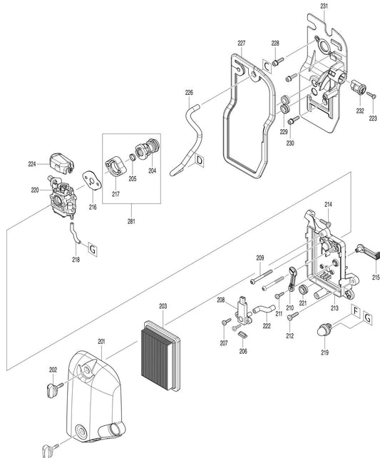 Air Cleaner, Carburetor Cover, Fuel Suction Line Assembly Parts For EB5300WH, EB5300TH Blower By Makita