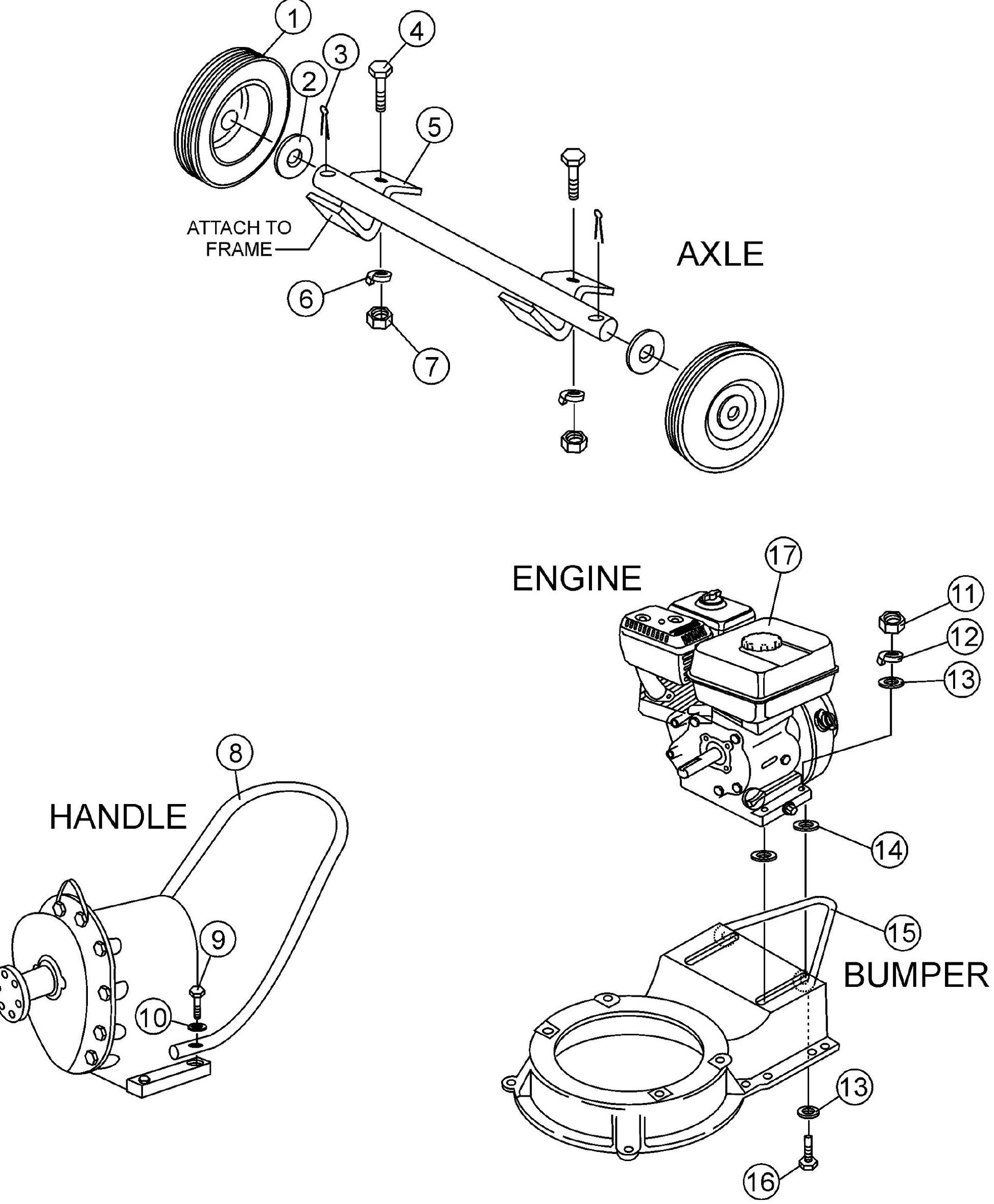 MQ MQD206H Axle, Handle, Engine Mounting And Bumper Assembly Parts By Multiquip