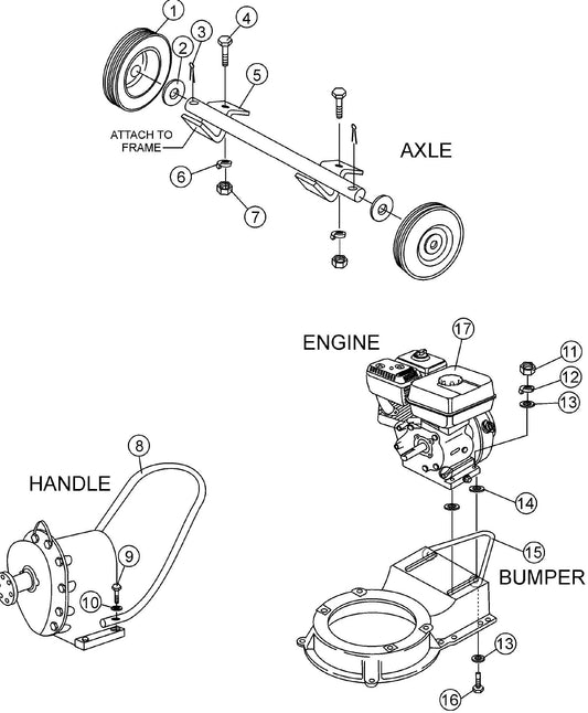 MQ MQD206H Axle, Handle, Engine Mounting And Bumper Assembly Parts By Multiquip