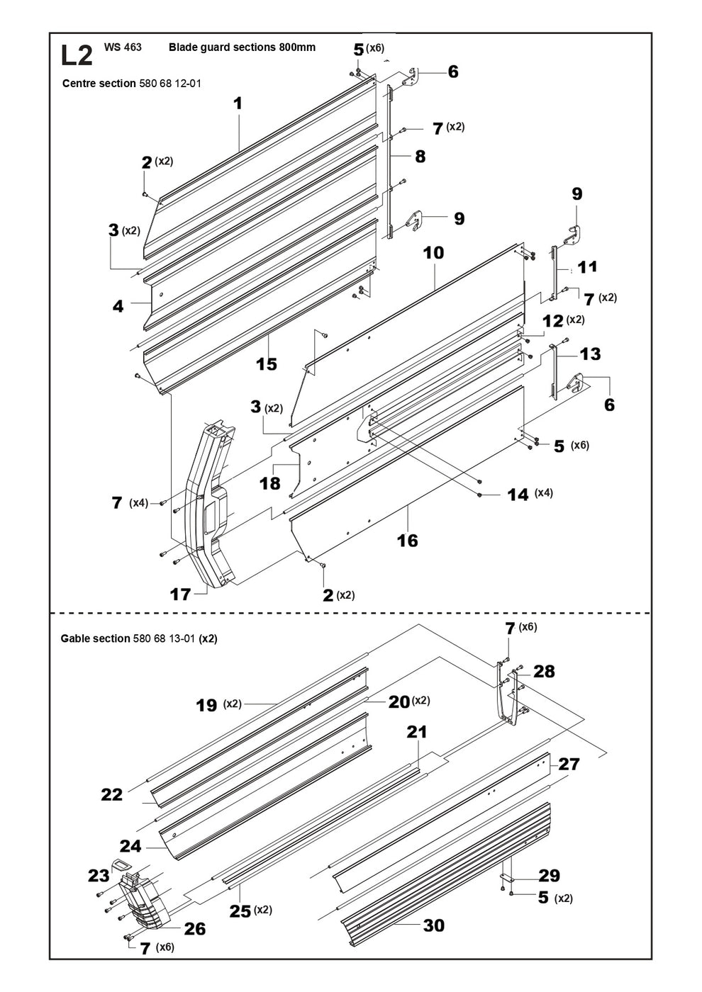 Blade Guard 800mm Centre, Gable Section Complete Assembly Parts For WS 463 By Husqvarna