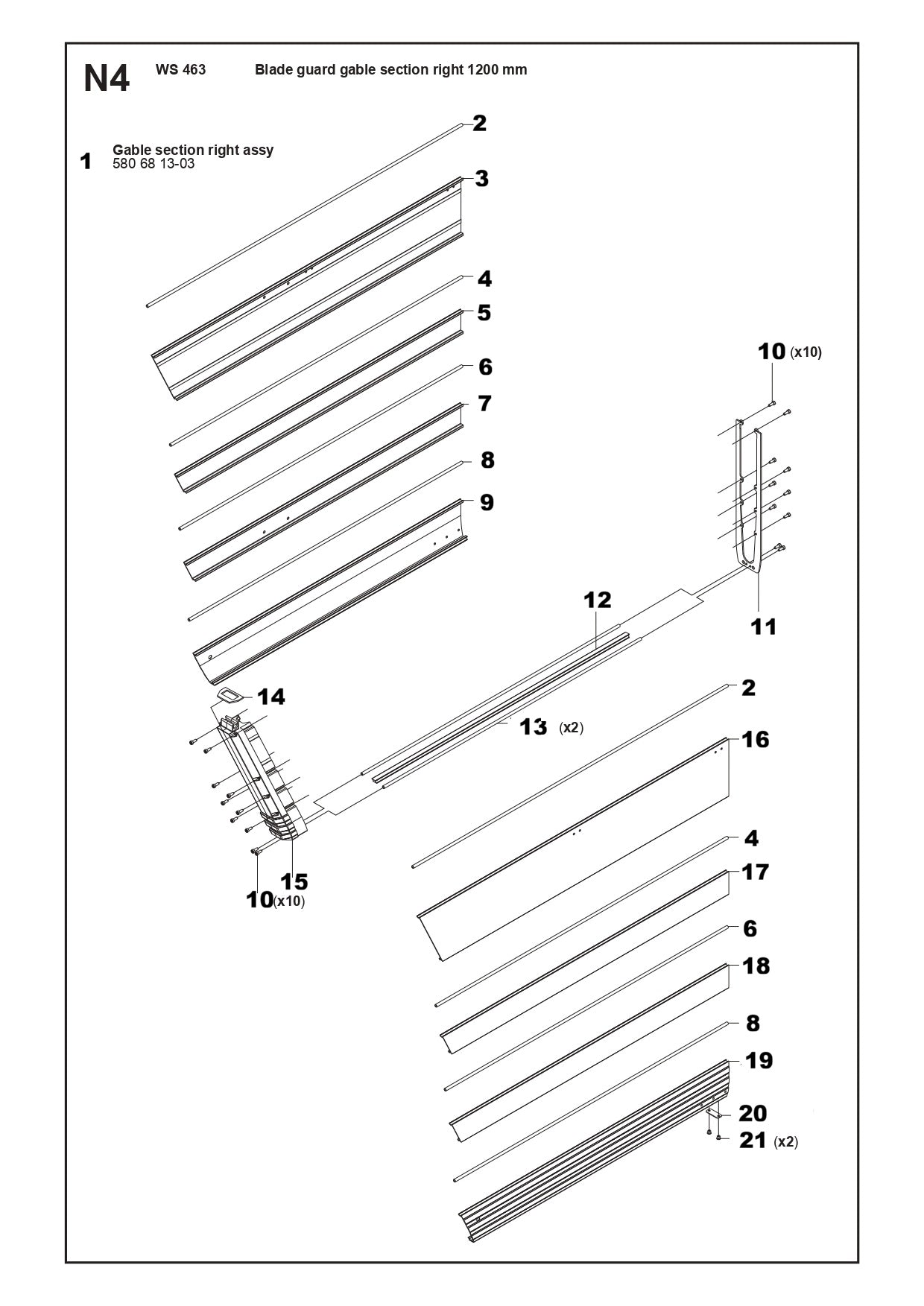 Blade Guard Gable Section Right-1200mm Parts For WS 463 By Husqvarna
