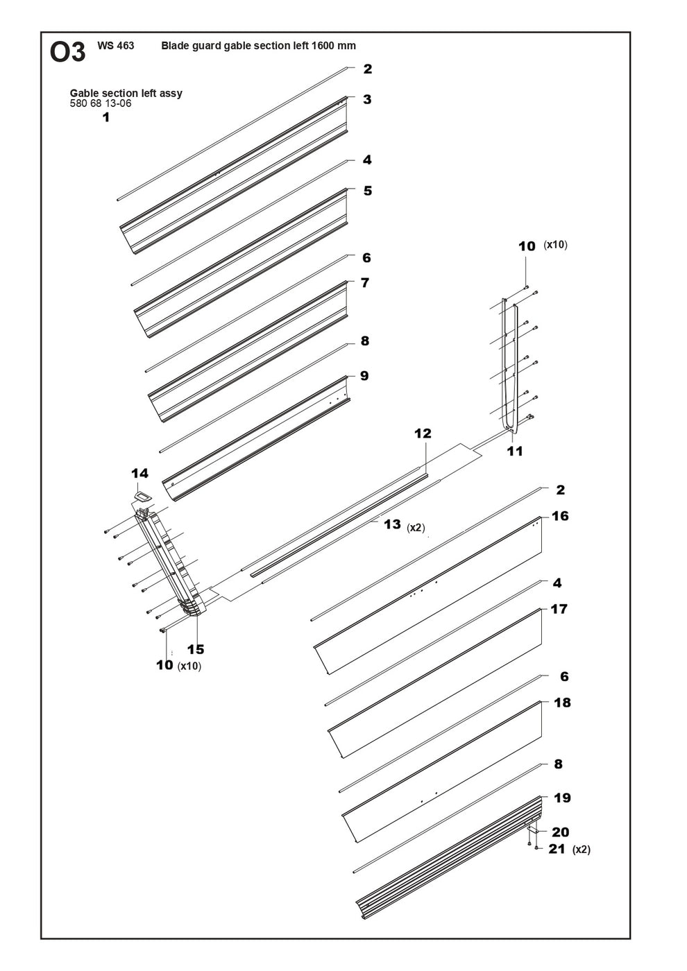 Blade Guard Gable Section Left 1600mm Parts For WS 463 By Husqvarna