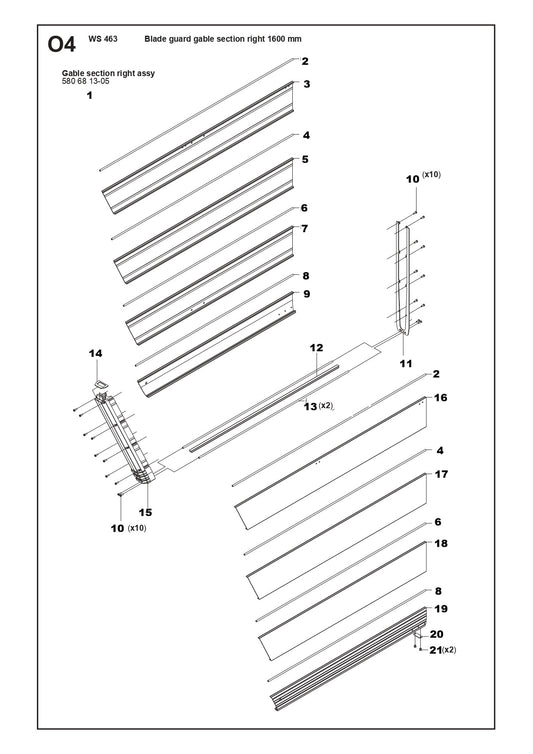 Blade Guard Gable Section right 1600mm Parts For WS 463 By Husqvarna