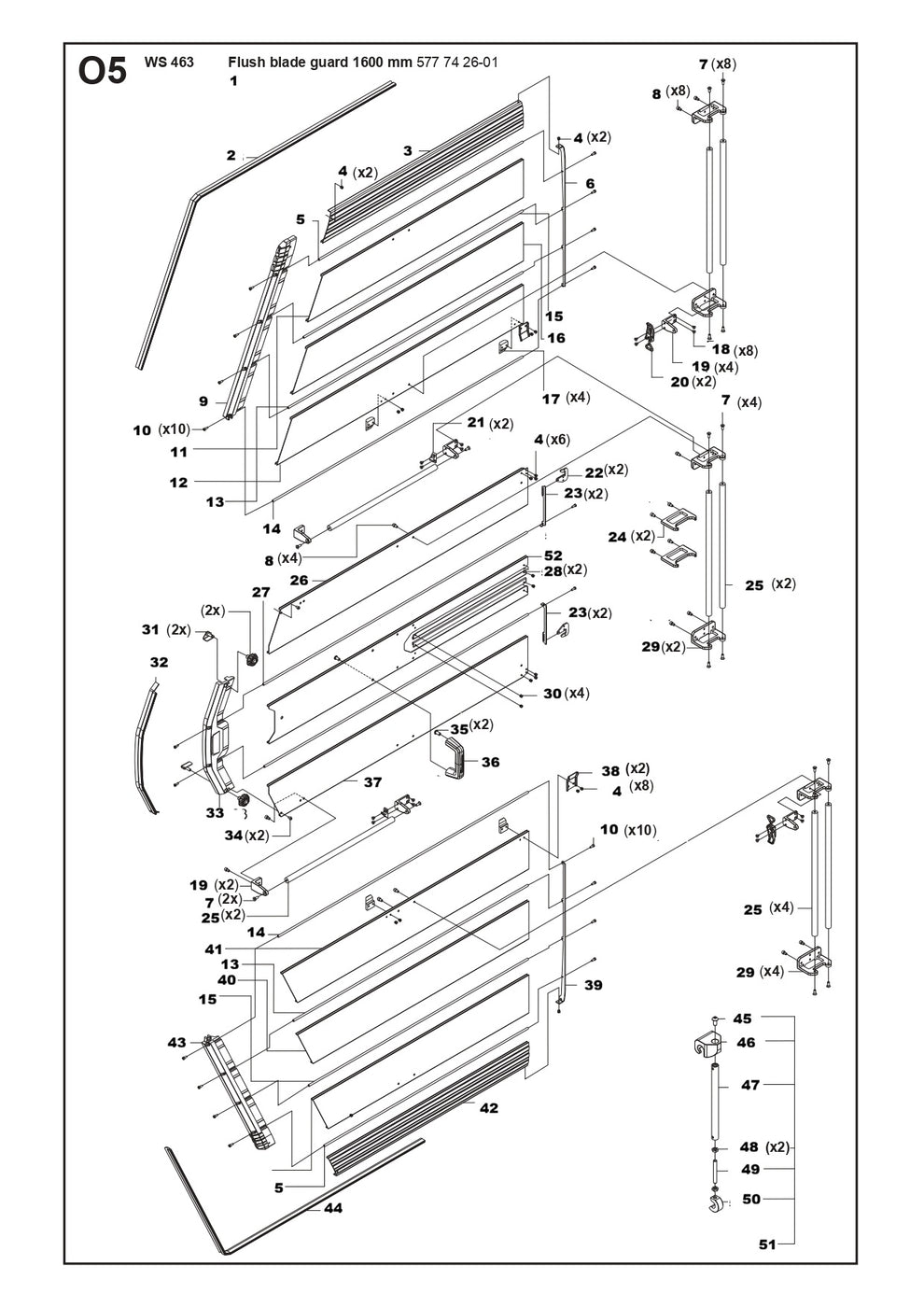 Flush Blade Guard Complete 1600mm Parts For WS 463, WS 440 HF, WS 482 HF By Husqvarna