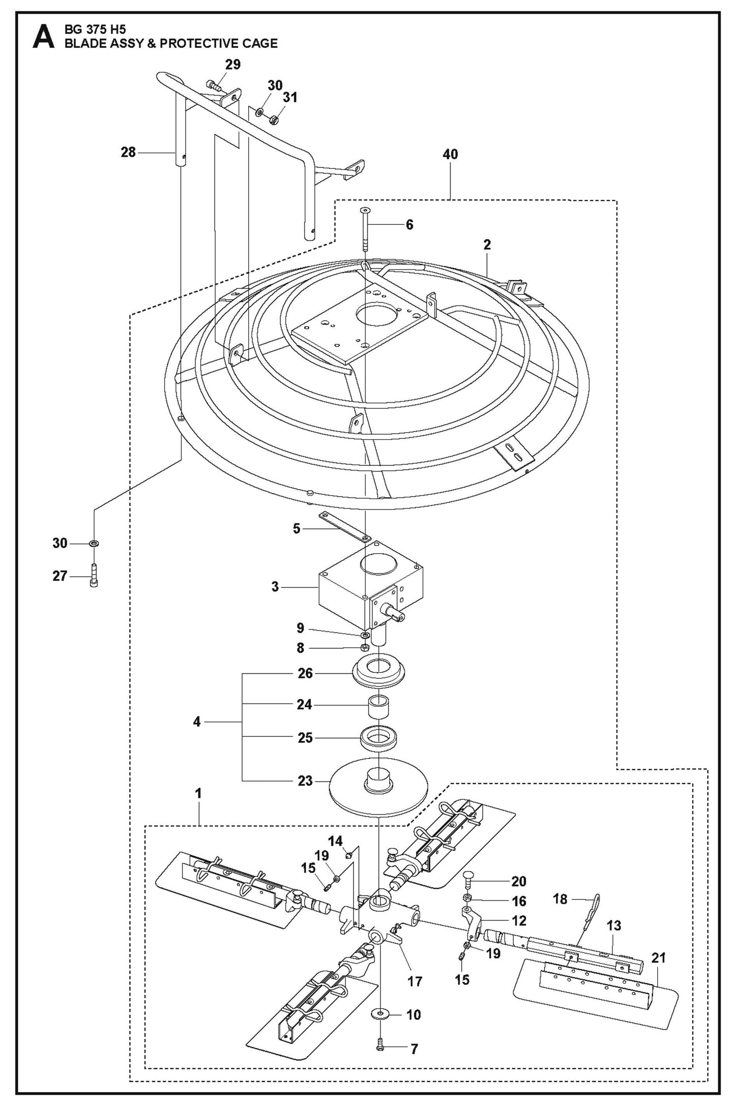 Blade Assembly And Protective Cage fig (1) Parts For BG 375 By Husqvarna