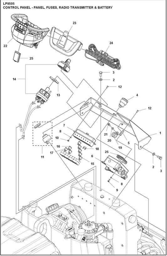 Control Panel-Panel, Fuses, Radio Transmitter And Battery Parts For LP 9505 Trench Roller By Husqvarna