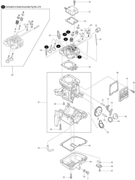 Cylinder, Head Assembly, Crank Case Assembly Parts For EB7650WH, EB7650TH Blower parts By Makita