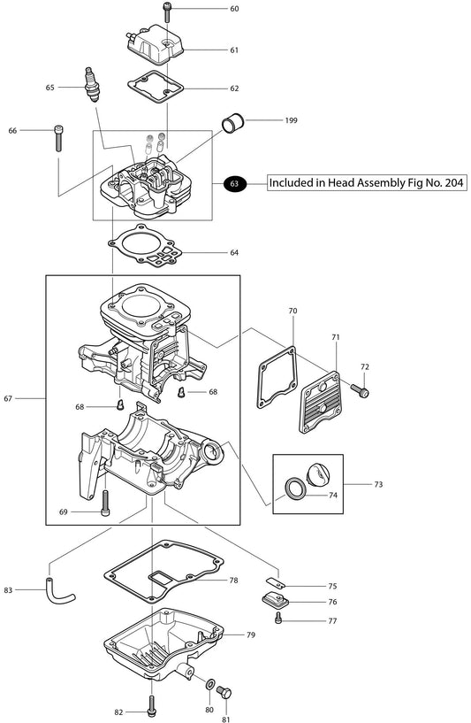 Cylinder Crankcase Assembly Parts For BBX7600N Blower, BBX7600N - 4-Stroke Bagpack Blower, BBX7600 - 4-Stroke Bagpack Blower, BBX7600CA - 75.6 CC Bagpack Blower Parts By Makita