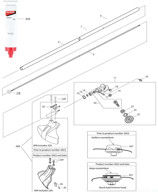 EM2650LH, EM2652LHN Shaft, Gear Case, Trimmer Head Assembly Parts