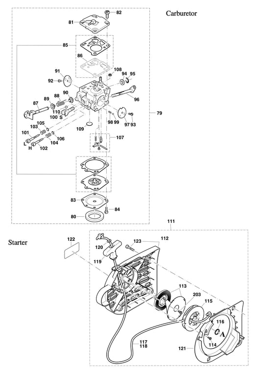 DPC7310, DPC7311 Carburetor and Starter Assembly Parts