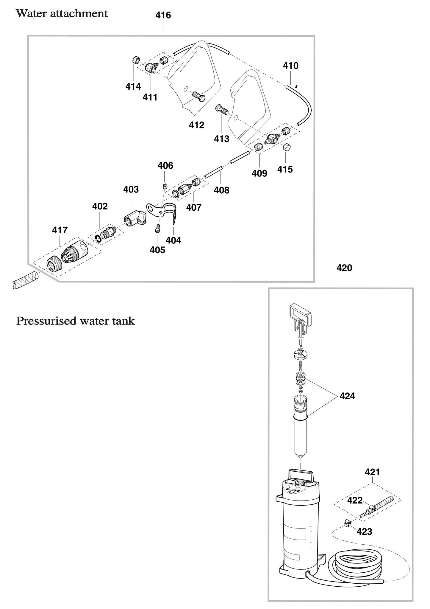 DPC7310, DPC7311 Water Attachment and Pressurised Water Tank Assembly Parts