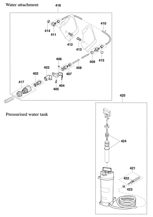 DPC7310, DPC7311 Water Attachment and Pressurised Water Tank Assembly Parts