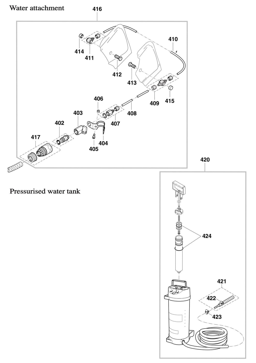 DPC7310, DPC7311 Water Attachment and Pressurised Water Tank Assembly Parts