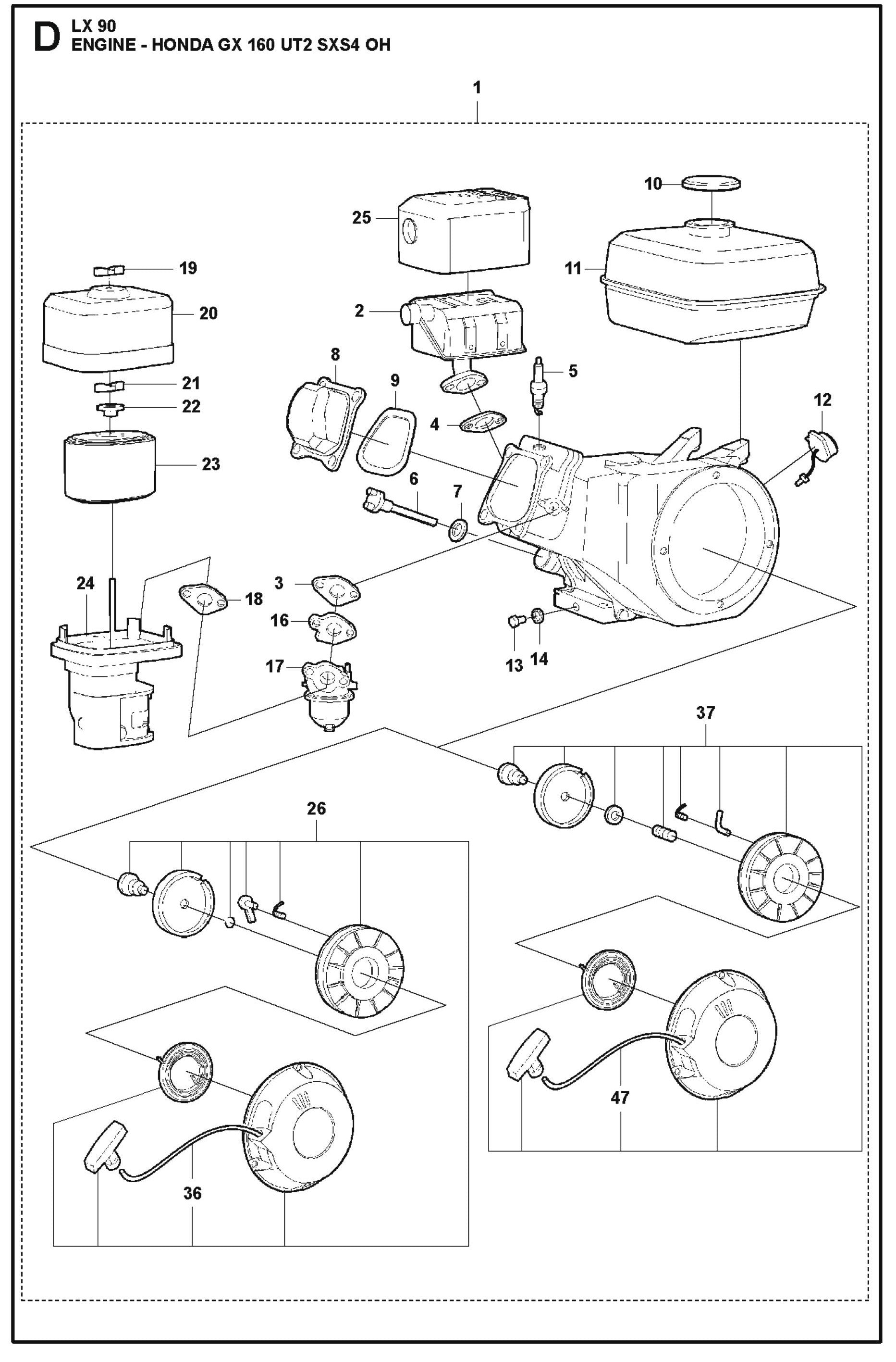 Engine- Honda GX 160 UT2 SXS4 OH Assembly Parts For LX90 Compaction Rammers By Husqvarna