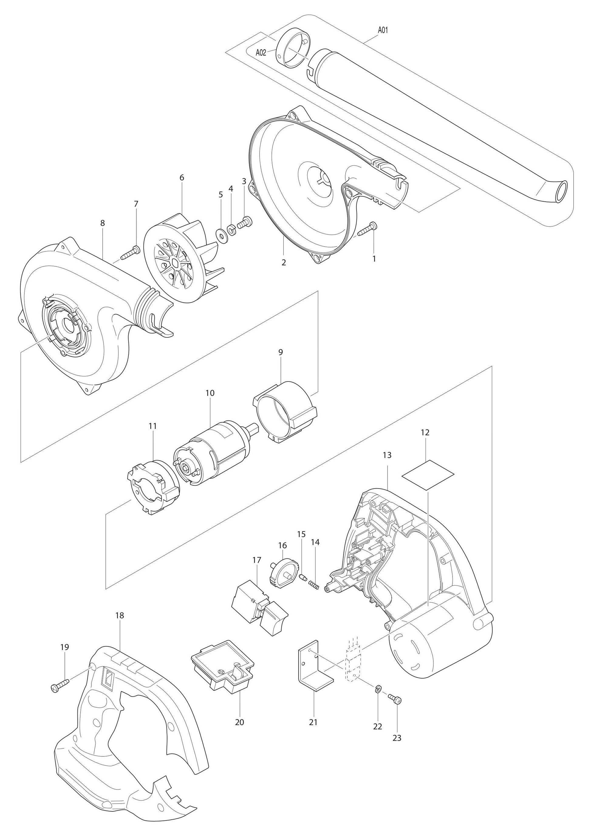 DUB183Z Blower Assembly Parts By Makita