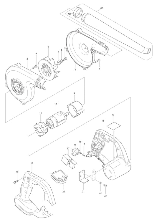 DUB183Z Blower Assembly Parts By Makita