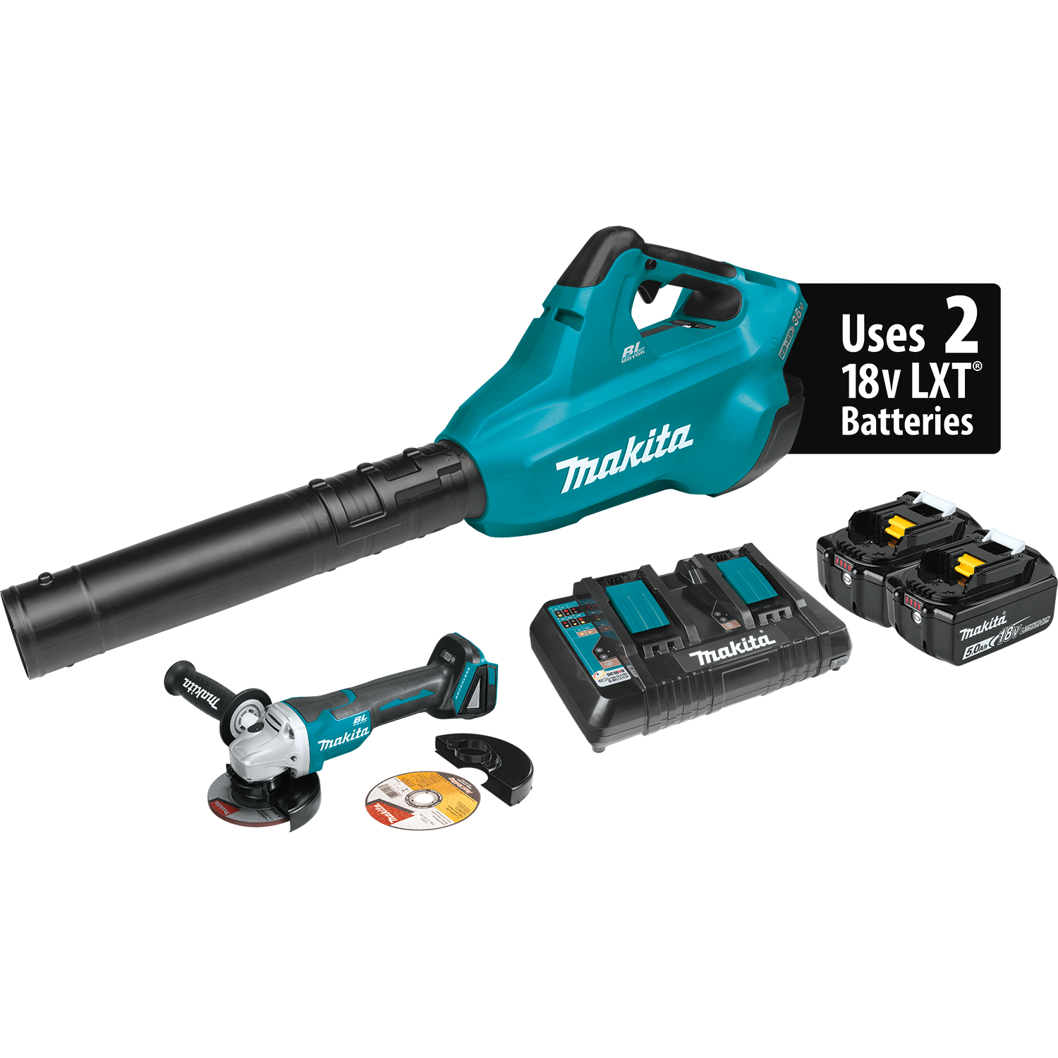 Makita XBU02PTX1 18V X2 (36V) LXT Brushless Blower Kit (5.0 Ah) With Brushless Angle Grinder