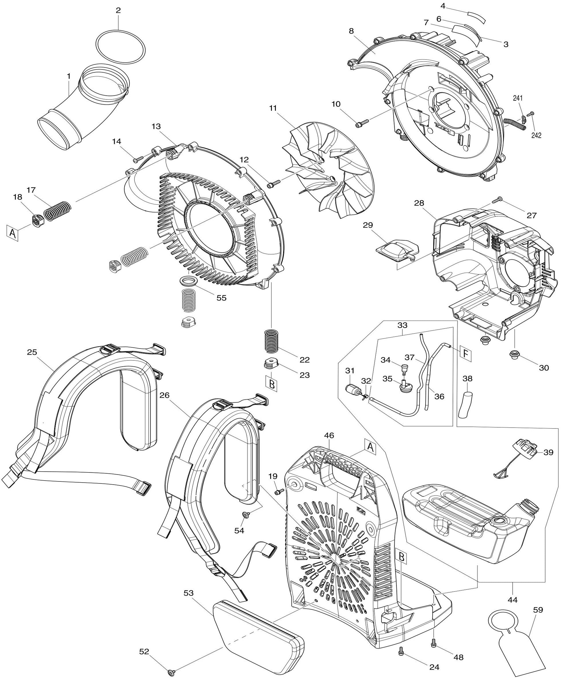 Fuel Tank, Engine Cover Assembly Parts For EB5300WH, EB5300TH  Blower By Makita