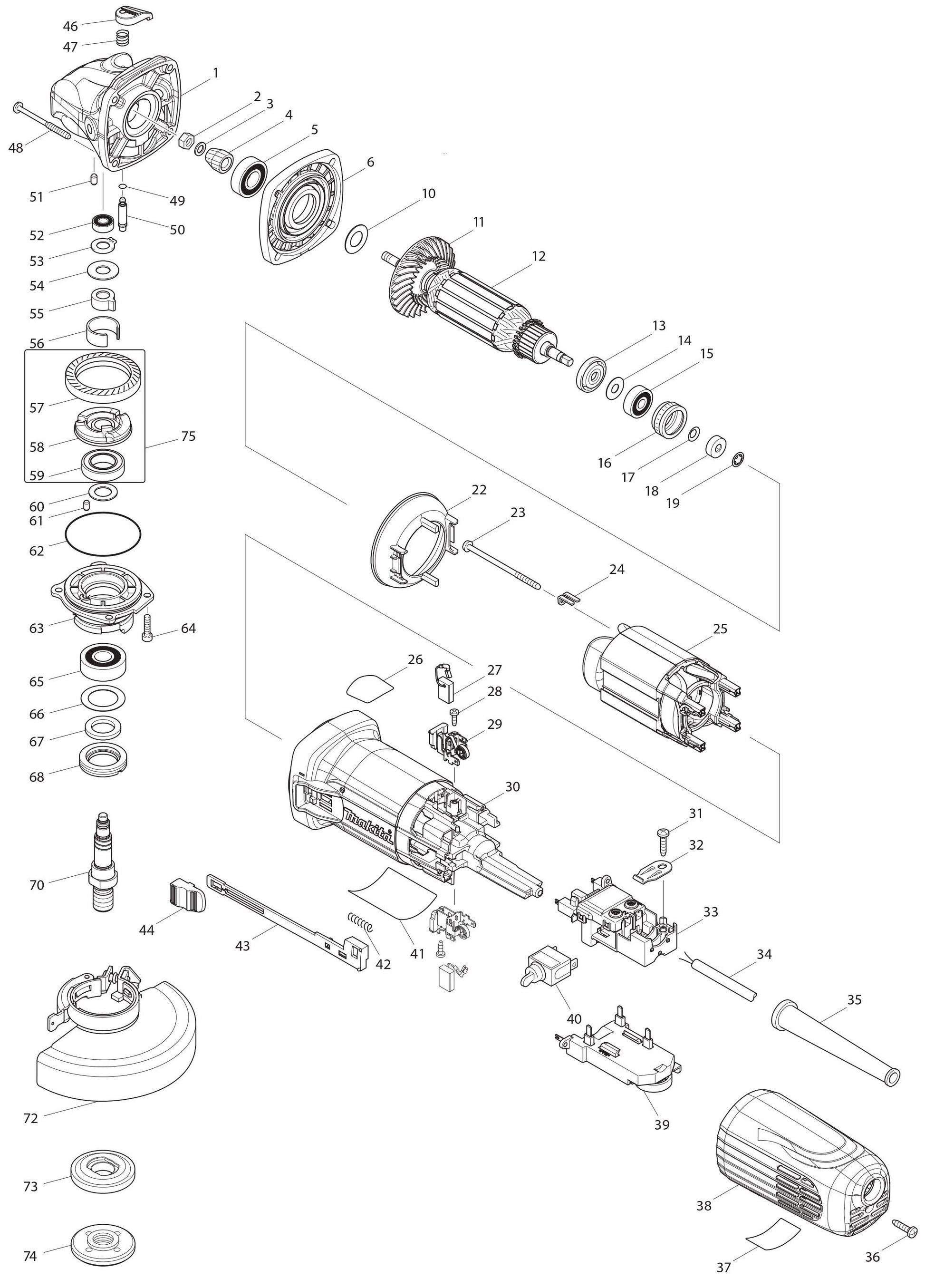 GA4542C Angle Grinder Assembly Parts By Makita
