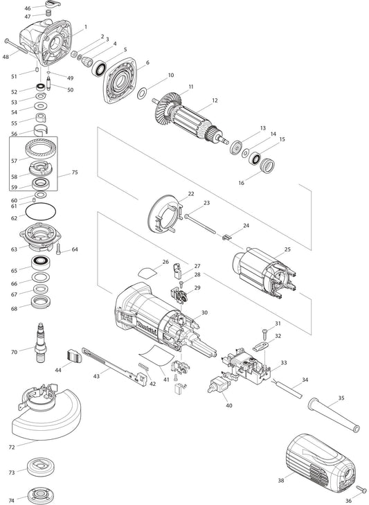 GA5040X1 Angle Grinder Assembly Parts By Makita