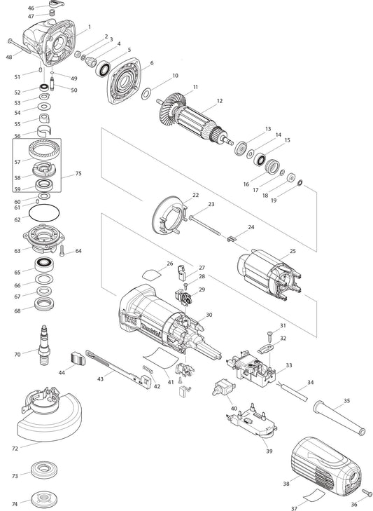 GA5042C, GA5042CX1 Angle Grinder Assembly Parts By Makita