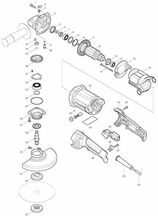 GA6010ZX2 Angle Grinder Assembly Parts By Makita