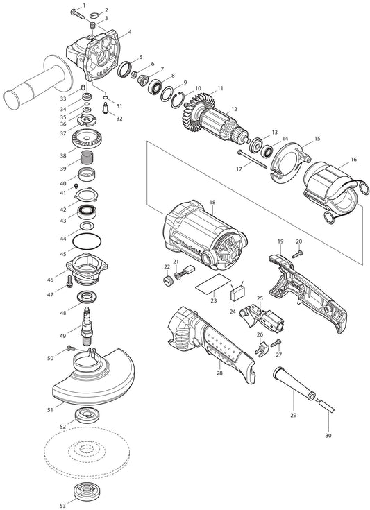 GA6020YX1 Angle Grinder Assembly Parts By Makita