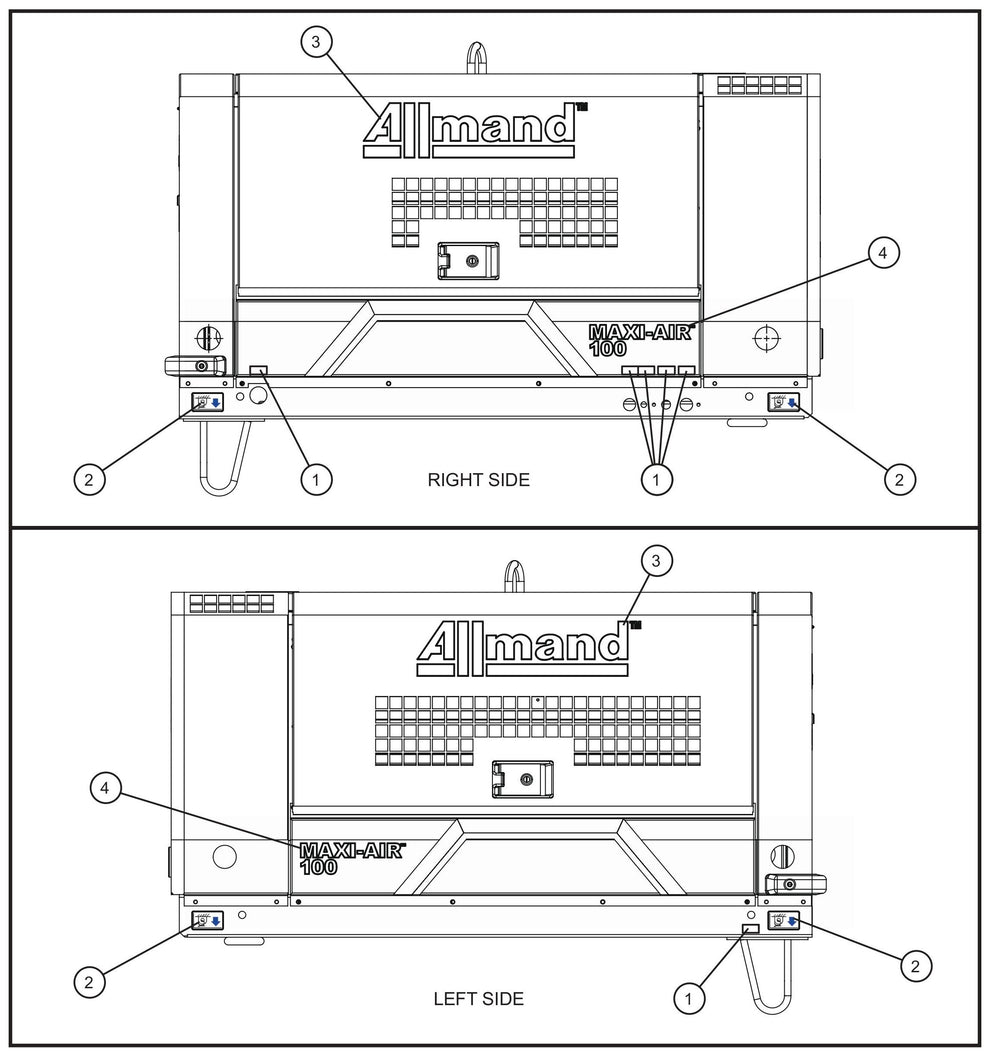 Left and Right Side Enclosure Decals Assembly Parts for MAXI-AIR 100 T4F (28-000001 and UP) by Allmand