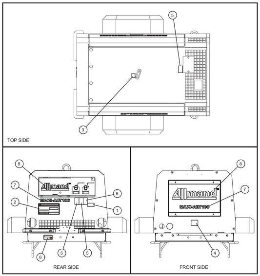 Top,Front and Rear Side Enclosure Decals Assembly Parts for MAXI-AIR 100 T4F (28-000001 and UP) by Allmand
