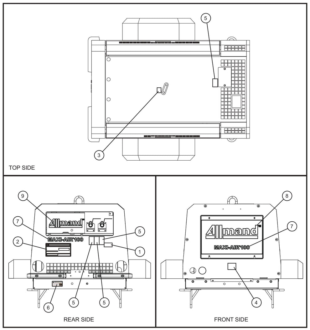 Top,Front and Rear Side Enclosure Decals Assembly Parts for MAXI-AIR 100 T4F (28-000001 and UP) by Allmand
