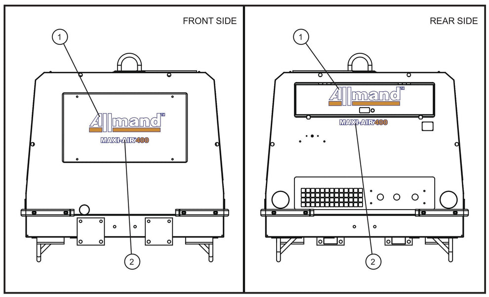 Front and Rear Side Decals Assembly Parts for MAXI-AIR 400 T4F (20-000001 and UP) by Allmand