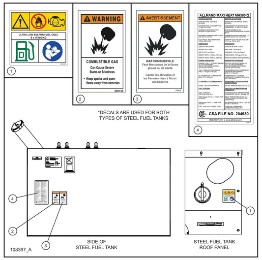 MH500iQ Steel Fuel Tanks Decals Assembly Parts for MAXI-HEAT MH500iQ (14-000001 to 14-999999) by Allmand