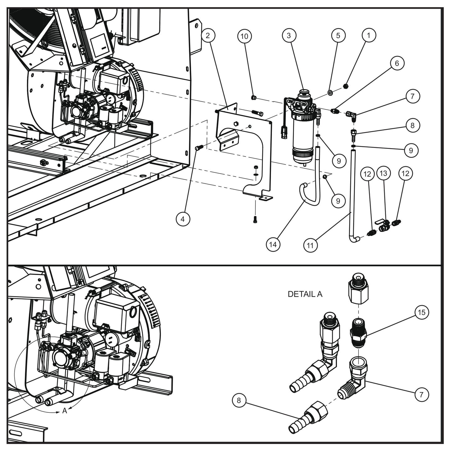 MH500iQ Fuel/Water Separator Install Group Assembly Parts for MAXI-HEAT MH500iQ (0001MH16 TO 9999MH16) by allmand