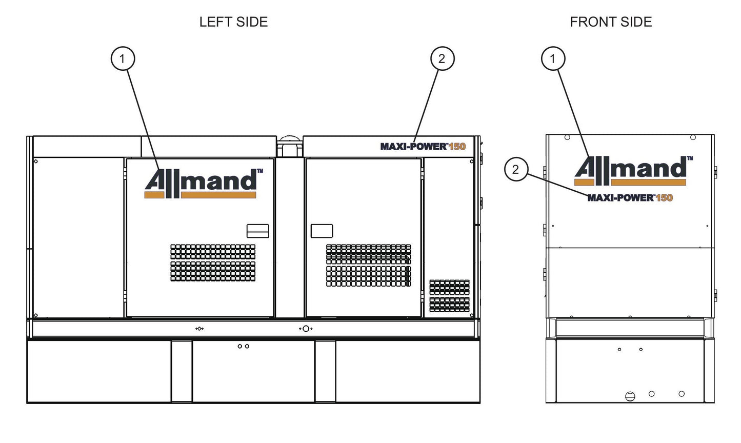 Left and Front Side Branding Decals Assembly Parts for MAXI-POWER 150 (T3) (27-000001 TO 27-000099) by Allmand