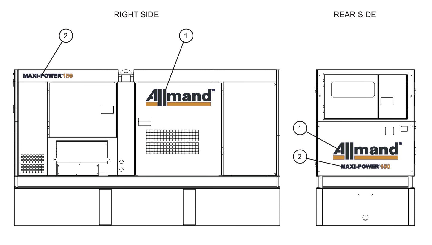 Right and Rear Side Branding Decals Assembly Parts for MAXI-POWER 150 (T3) (27-000001 TO 27-000099) by Allmand