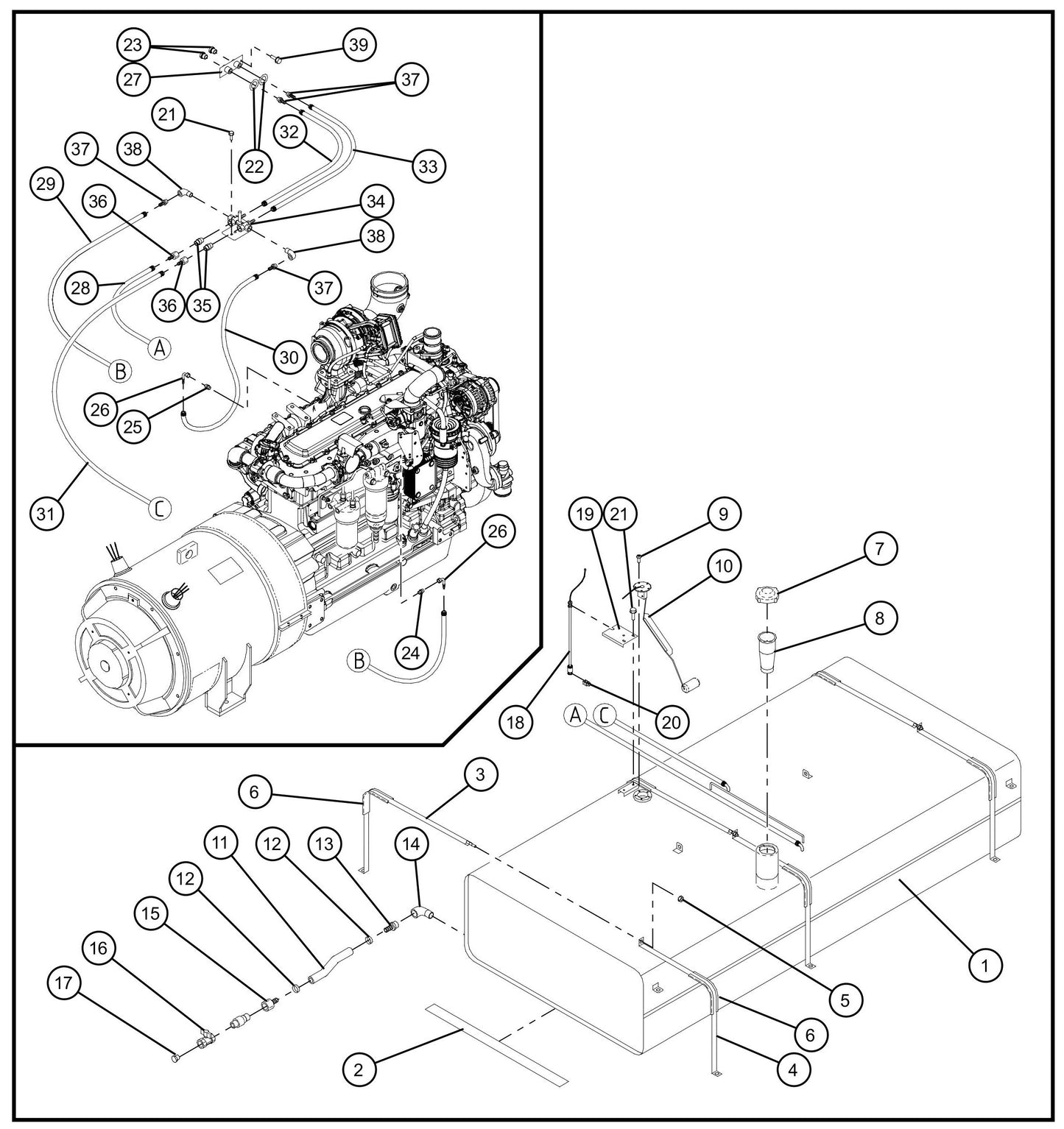 Fuel Tank and Fuel Lines Assembly Parts for MAXI-POWER 150 (T4F) by Allmand