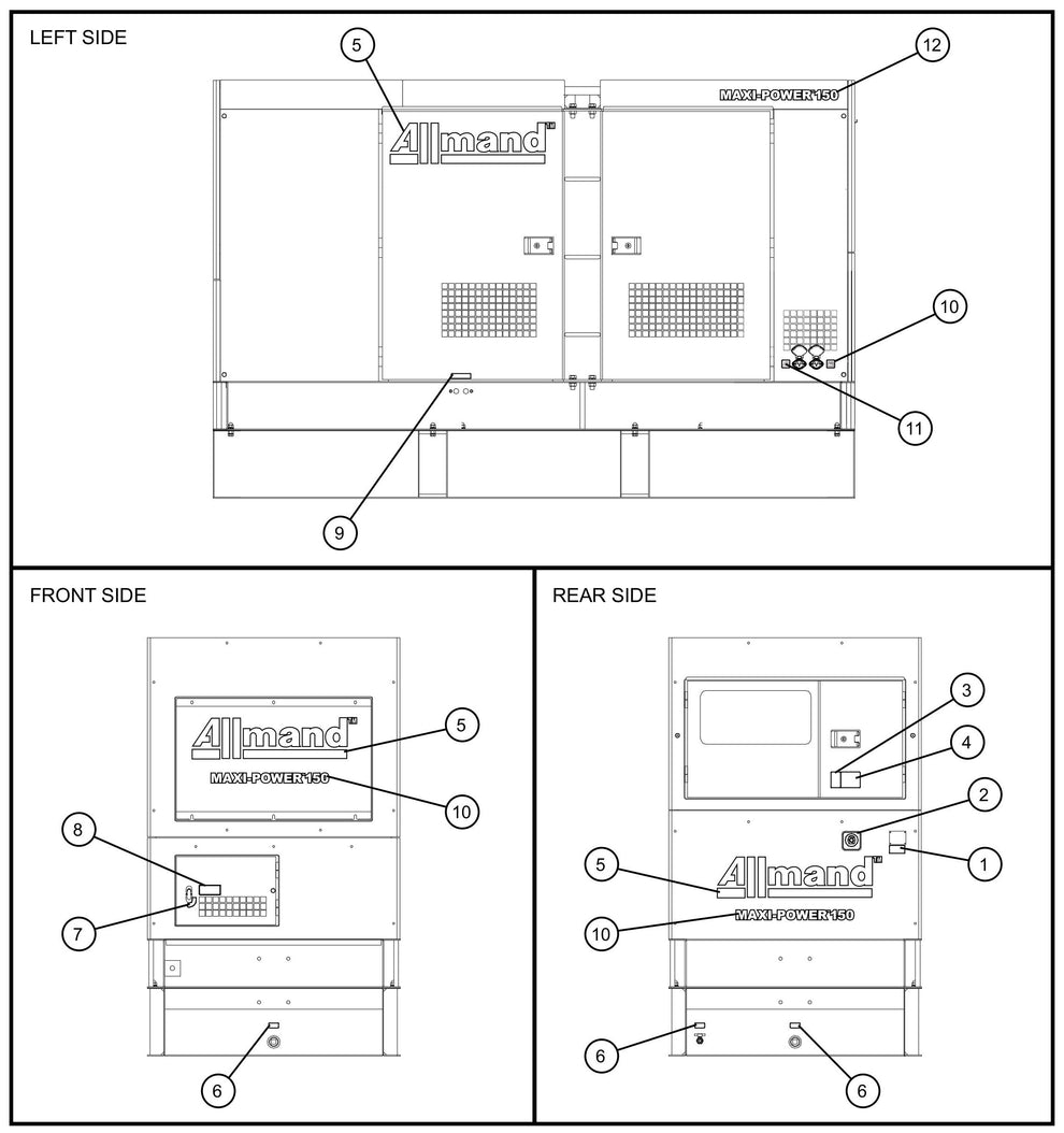 Front,Left and Rear Side Enclosure Decals Assembly Parts for MAXI-POWER 150 (T4F) by Allmand