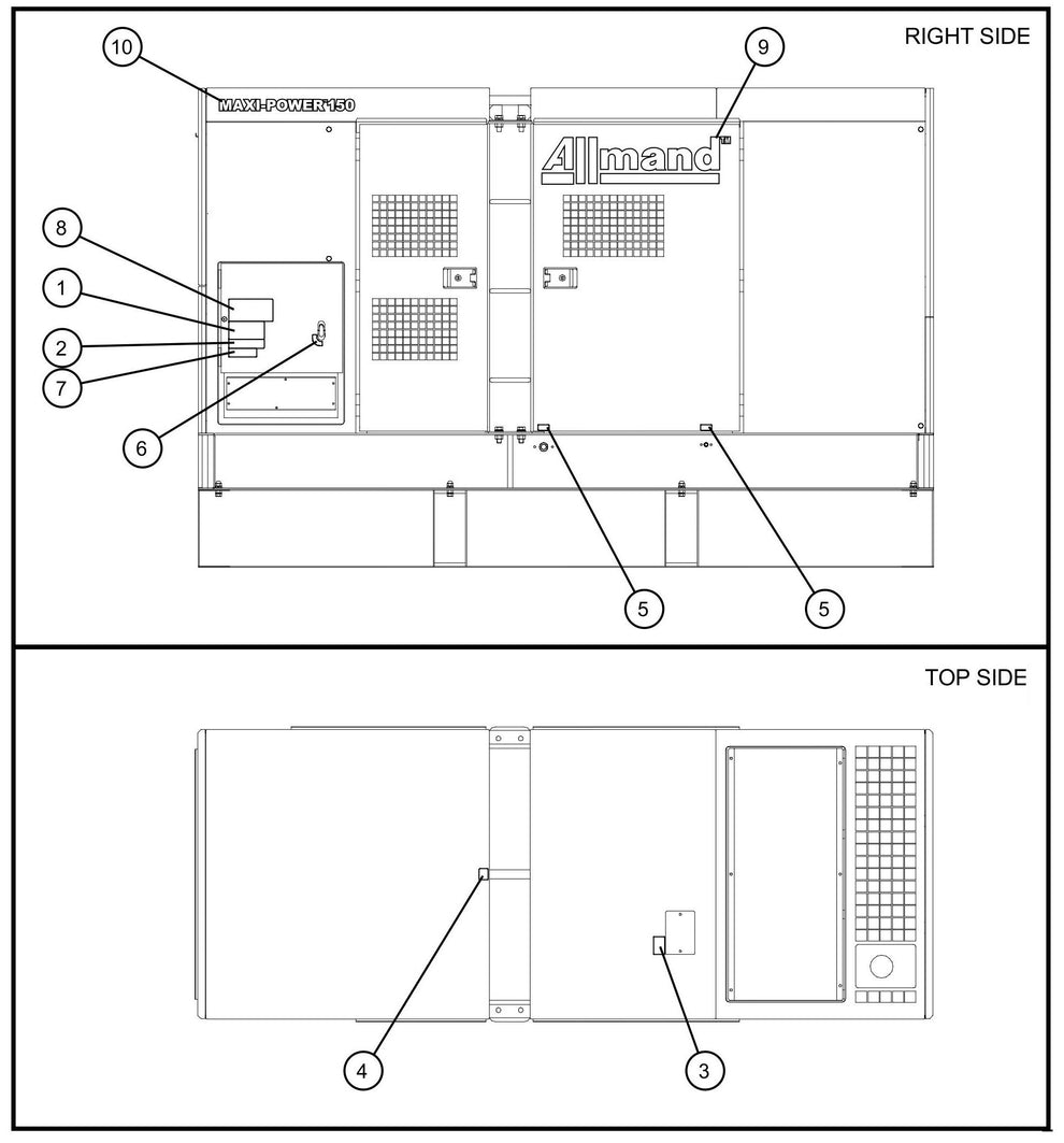 Right and Top Side Enclosure Decals Assembly Parts for MAXI-POWER 150 (T4F) by Allmand