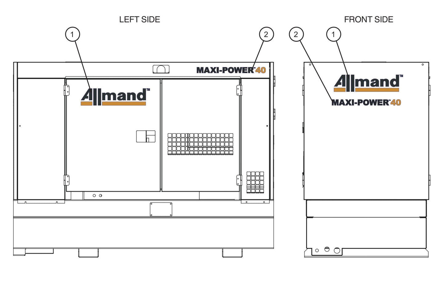 Left and Front Side Branding Decals Assembly Parts for MAXI-POWER 40 (22-000001 and UP) by Allmand