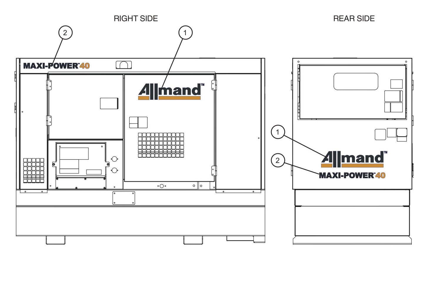 Right and Rear Side Branding Decals Assembly Parts for MAXI-POWER 40 (22-000001 and UP) by Allmand