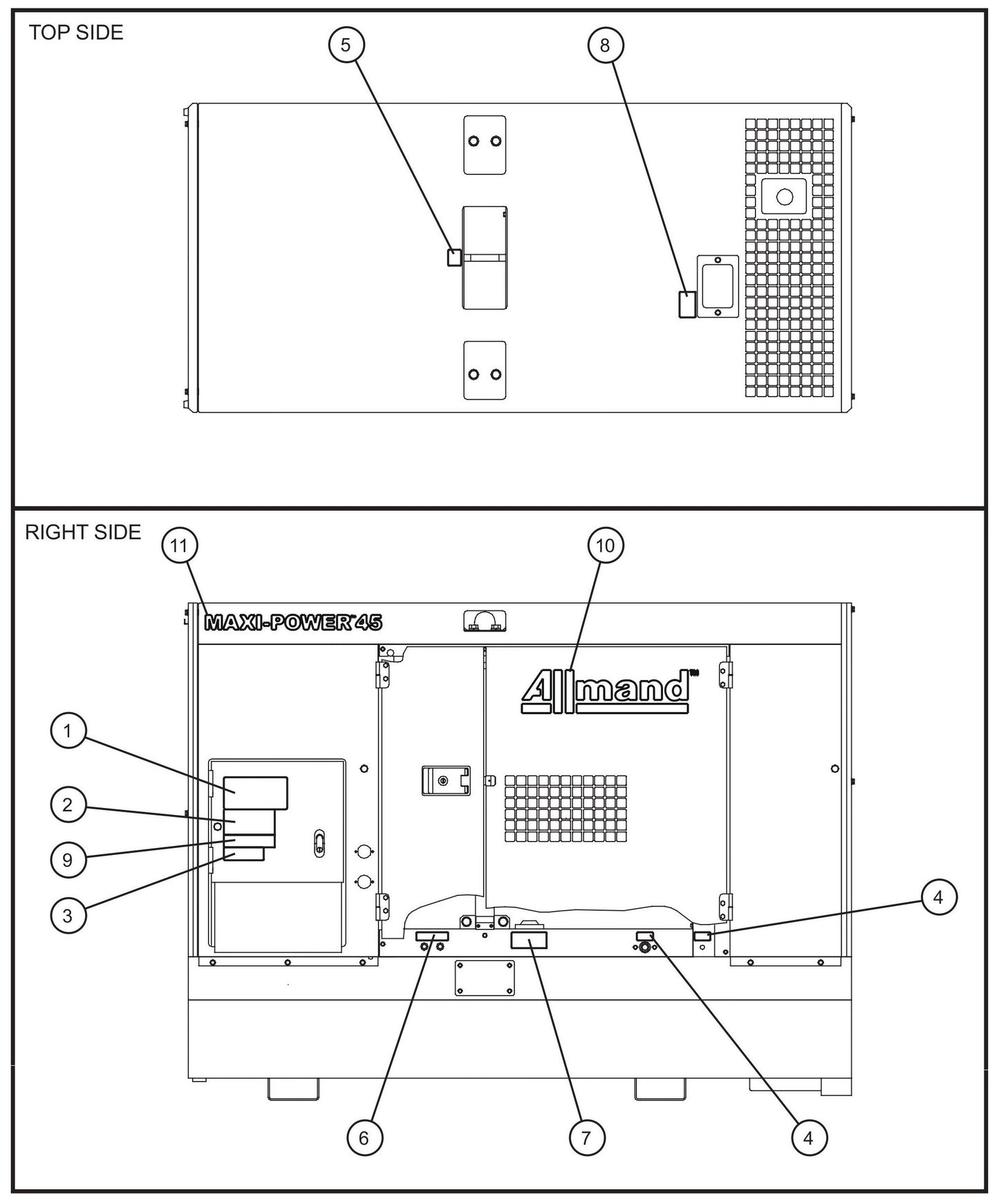 Right and Top Side Enclosure Decals Assembly Parts for MAXI-POWER 45 (T4F) (23-000001 and UP) by Allmand