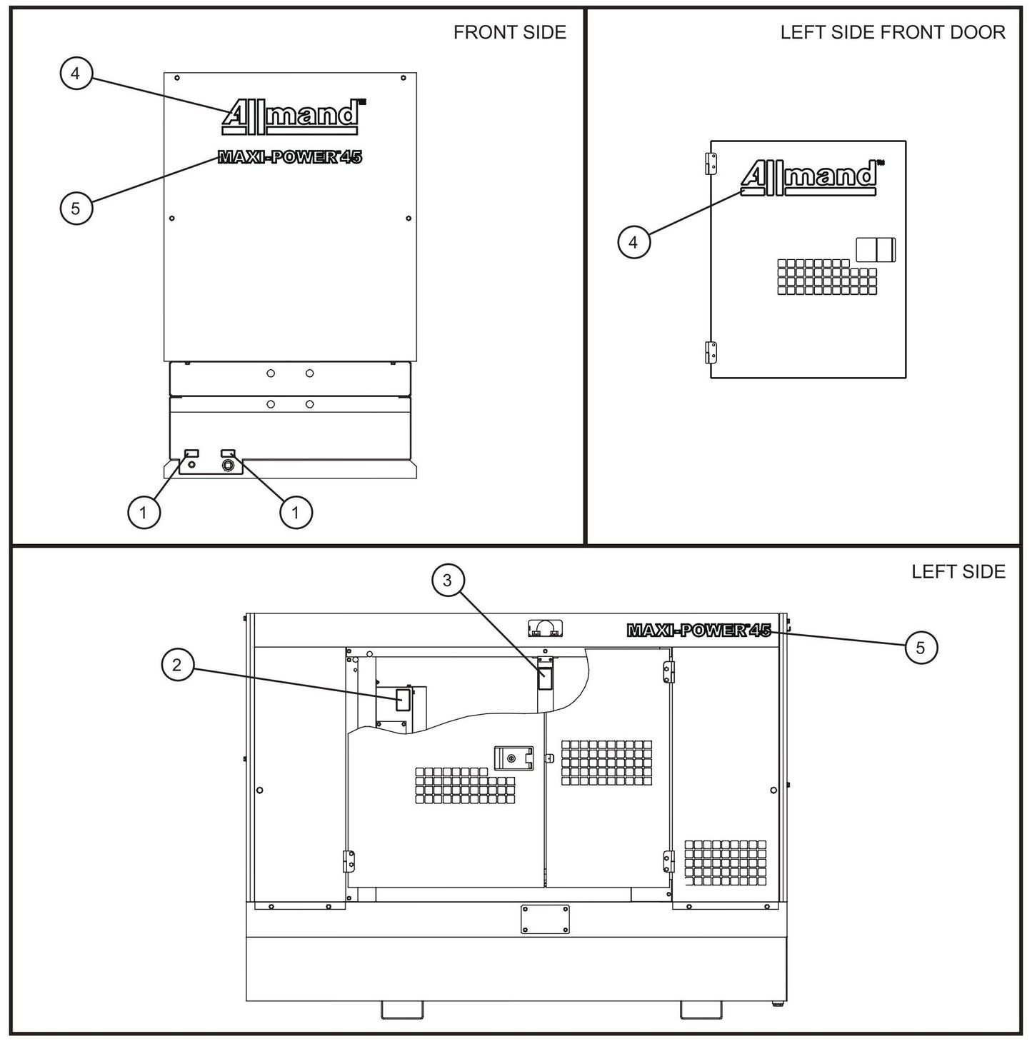 Left and Front Side Enclosure Decals Assembly Parts for MAXI-POWER 45 (T4F) (23-000001 and UP) by Allmand