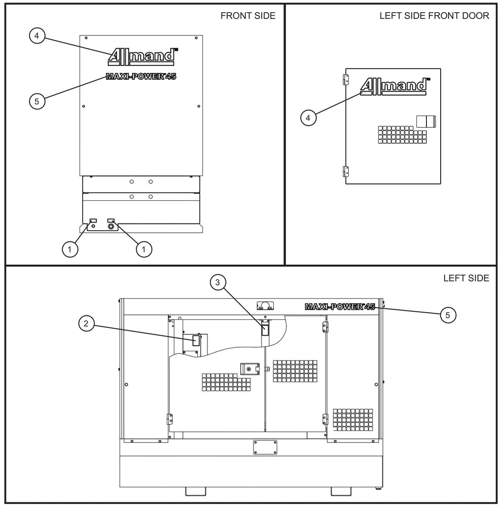 Left and Front Side Enclosure Decals Assembly Parts for MAXI-POWER 45 (T4F) (23-000001 and UP) by Allmand