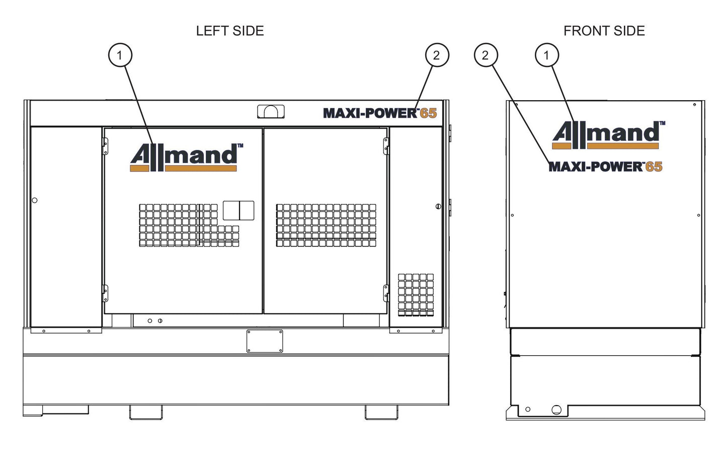 Left and Front Side Branding Decals Assembly Parts for MAXI-POWER 65 (ISUZU T3) (24-000001 to 24-000499) by Allmand