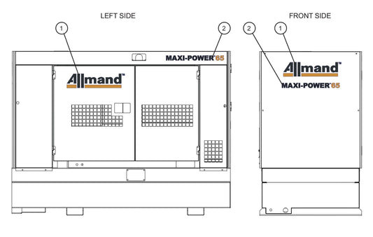 Left and Front Side Branding Decals Assembly Parts for MAXI-POWER 65 (ISUZU T3) (24-000001 to 24-000499) by Allmand